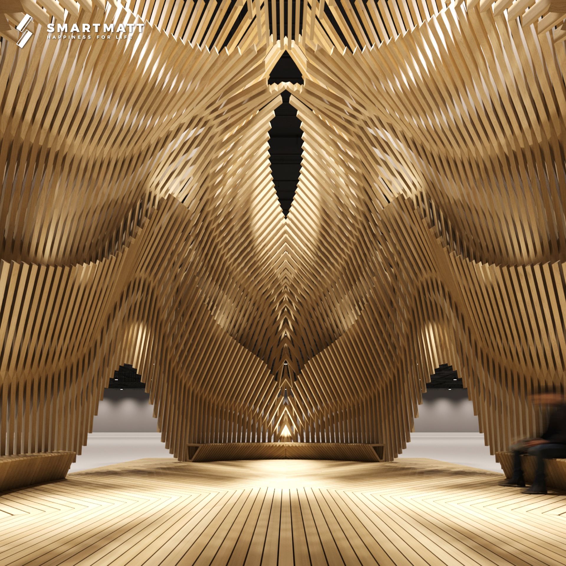 อุโมงค์ไม้ภายใน Pavilion ปราณสถาน สะท้อนสมมาตร BRT Intertech